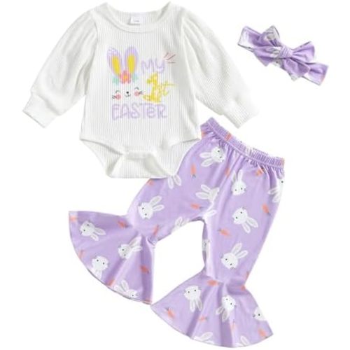 Newborn Baby Girl Easter Outfit My 1st Easter Knitted Romper Bodysuit T-Shirt Tops Bell Bottom Pants Clothes Set