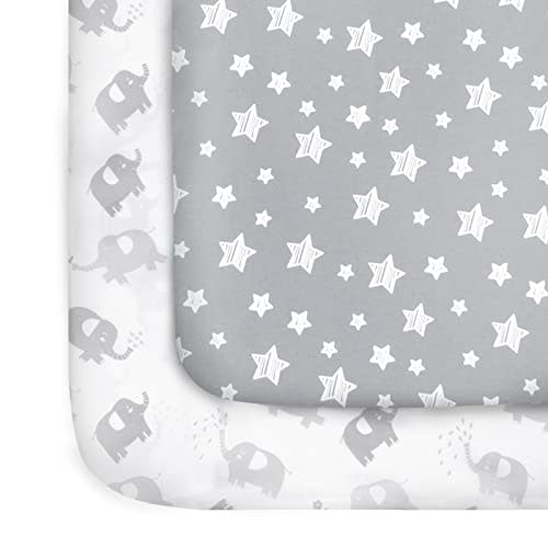 Pack and Play Sheets, 2 Pack Mini Crib Sheets, Stretchy Playard Fitted Sheet, Compatible with Graco Pack n Play, Soft and Breathable Material, Stars & Elephant
