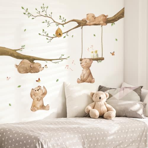 Runtoo Bear Wall Stickers Woodland Animal Tree Branch Wall Decals for Kids Bedroom Baby Nursery Home Decor