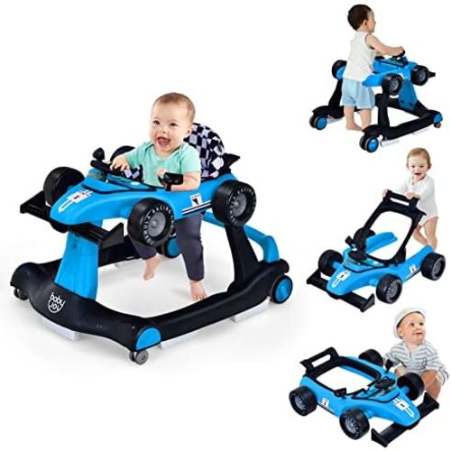 BABY JOY 4-in-1 Baby Walker, Foldable Activity Walker with Adjustable Height & Speed, Music, Lights, Anti-Rollover, Toddler Push Walker, Baby Walker with Wheels for Boys Girls 6-18 Months (Blue)