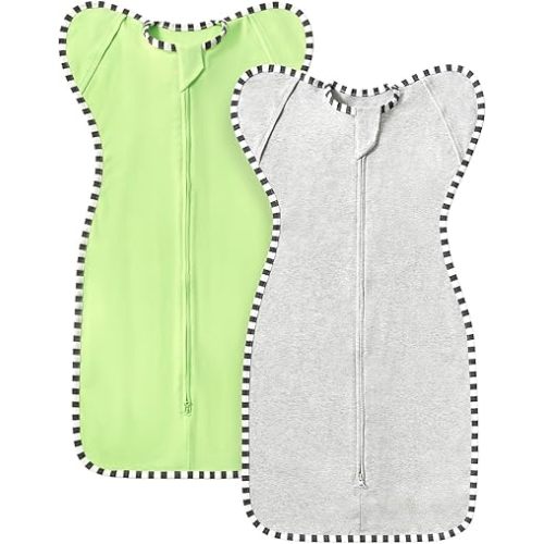 Transitional Swaddle Sack, 2 Pack 100% Cotton Baby Sleep Sack with Arms Up, 2-Way Zipper Infant Swaddle Up for Newborn Baby Boys Girls (Light Green + Light Grey, M(3-6 Months))