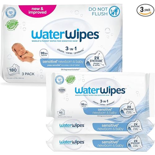 WaterWipes Sensitive+ Newborn & Baby Wipes, 3-In-1 Cleans, Cares, Protects, 99.9% Water, Unscented & Hypoallergenic, 180 Count (3 Packs)