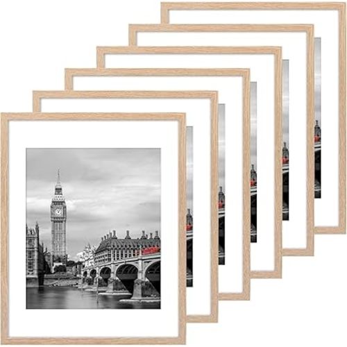 Fixwal 11x14 Picture Frame Set of 6 with Shatter Resistant Plastic Glass, Thin Border and Light Weight Photo Frames for Wall, Natural