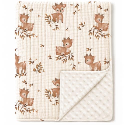 Konssy Soft Muslin Baby Blanket for Unisex Boys & Girls, 30 x 40 Inch | Cotton Front with Dotted Fleece Back, Suitable for Receiving, Swadding, Nursery, from Newborns to Toddlers (Deer)