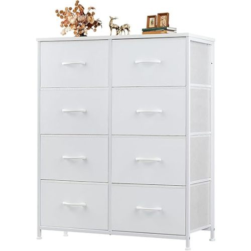 Dresser for Bedroom with 8 Drawers, Anti-Tip Tall Fabric Chests Storage Organizer Tower Furniture with Wooden Top Metal Frame for Clothes, Closet, Living Room, Hallway, Entryway