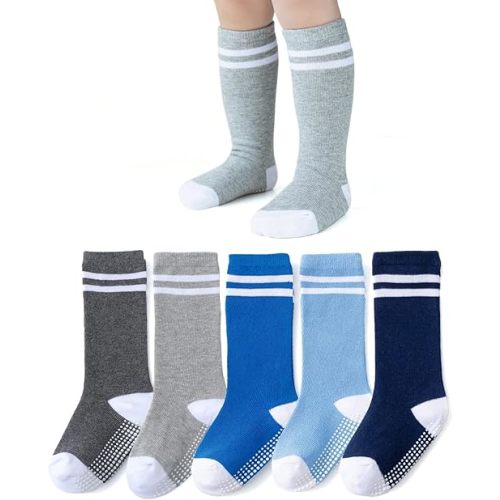 EPEIUS Knee High Socks with Non-Slip Grip,Toddler Athletic Stripe Team Tube Socks Kids Boys Girls 5-Pack