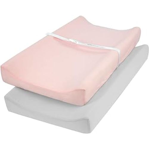 TILLYOU Changing Pad Cover Set in Soft Jersey Material Diaper Changing Table Sheets - Fits 32"/34''x16 Contoured Pad for Babies,Peachy Pink & Lt Gray