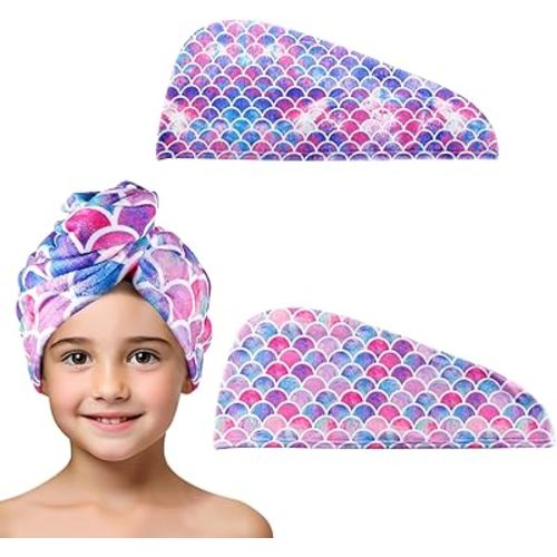 MADHOLLY Fast Drying Microfiber Hair Towel for Kids Women - 2 Packs Soft Super Absorbent Hair Towel Wrap with Button, Anti-Frizz Turban for Thicker Curly Long Hair, Mermaid Pattern Gift for Girls