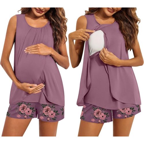 Ekouaer Women Maternity Nursing Pajama Set Breastfeeding Sleepwear Double Layer Sleeveless Top & Shorts Pregnancy PJS