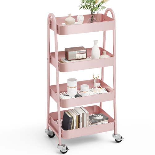 CONCETTA Versatile 4-Tier Metal Utility Cart with Locking Casters, Multi-Scenario Use for Office, Living Room, Kitchen, Pink