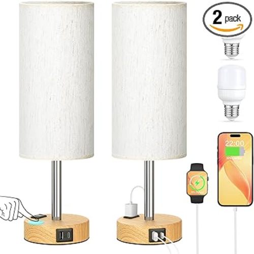 Touch Bedside Table Lamps Set - 3 Way Dimmable Bedroom Lamps Set of 2 with USB C and A Ports, Small Lamps for Nightstand with AC Outlet, Wood Base Round Flaxen Shade for Desk, Office, Dorm, Nursery