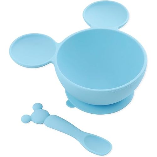 Bumkins Disney Baby Bowl, Silicone Feeding Set with Suction for Baby and Toddler, Includes Spoon and Lid, Essentials for Baby Led Weaning,for Babies 4 Months, Mickey Mouse Light Blue