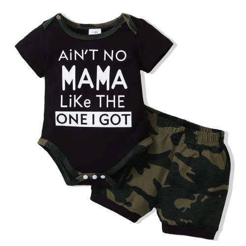 Kucnuzki Newborn Baby Boys Summer Outfits Clothes Sets Short Sleeves Romper Letter Print Top Camouflage Shorts Sets 2pcs Black NB