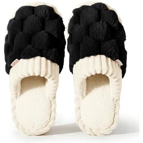 Edoneery Checkered Slippers for Women & Men, Winter Warm Fuzzy Plush House Slippers, Soft Comfy Indoor Outdoor Non-Slip Slides for Bedroom Living Room