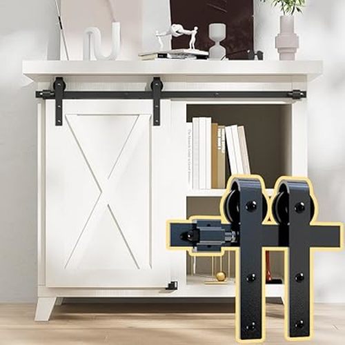 4FT Super Mini Barn Door Hardware Kit, Sliding Single Door Track Roller Kit for Cabinets Wardrobe TV Stand, J Shape(No Cabinet)
