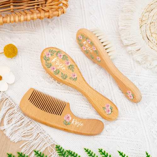 Custom Engraved Baby Hairbrush Set, Personalized Wooden Hair Combs in Gift Pouch, Ideal Gift for Newborns, New Baby Gifts 1st Christmas Gift