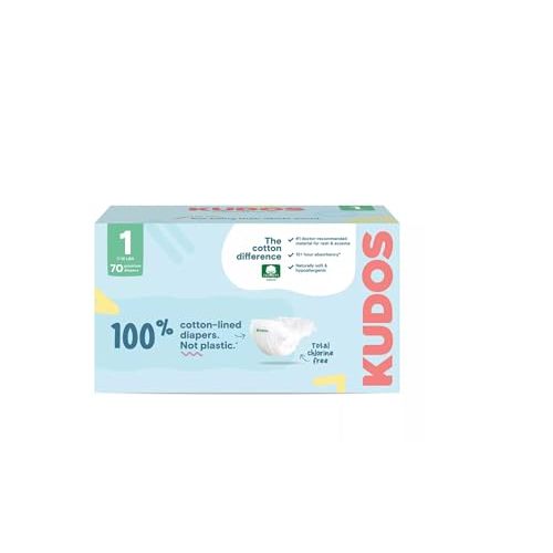 Kudos Size 1 Cotton-Lined Disposable Baby Diapers, 70 Count, Ultra Absorbent Baby Diapers, Soft Comfort, Gentle Materials, Secure Fit for Sensitive Skin