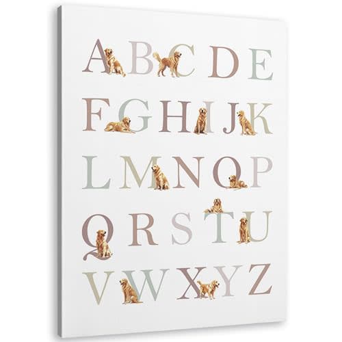 TLESKE Golden Retriever Dog Alphabet Wall Art Decor 11x14, ABC Letter Chart Decor Canvas Wall Art Print for Nursery Classroom Playroom kIDS Toddler ROOM BEDROOM, Dog Alphabet Wall Artwork Picture