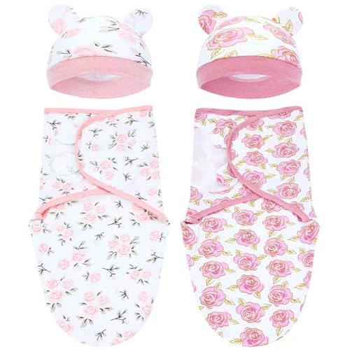Dizila 2 Sets Adjustable Soft Cotton Blend Newborn Infant Baby Girl Receiving Swaddle Blankets Sleep Sacks with Matching Nursery Hats Caps Beanies Bonnets (Set 2)