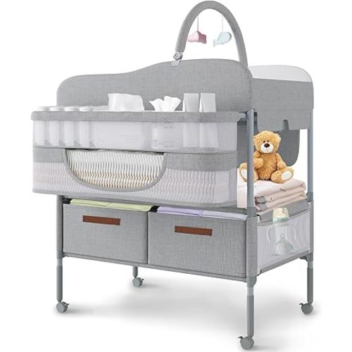 Baby Changing Table,Versatile Folding Changing Table,Waterproof/Foldable/Height Adjustable/Movable/with Silent Wheels/2 Drawers Diaper Changing Station,Mobile Nursery Organizer for Newborn Essentials