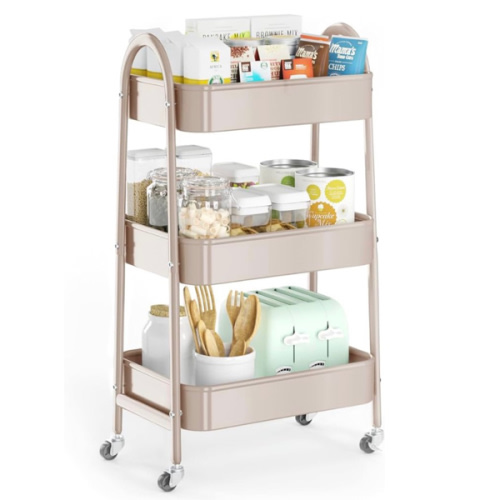 EAGMAK 3 Tier Utility Rolling Cart, Metal Storage Cart with Handle and Lockable Wheels, Multifunctional Storage Organizer Trolley with Mesh Baskets for Kitchen, Living Room, Office, Garage (Beige)