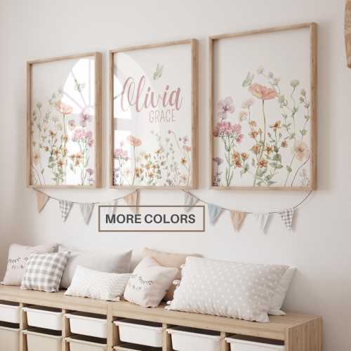 Custom Name Wildflower Nursery Art Prints Set: Girl Room Decor Wall Art (Digital Download)