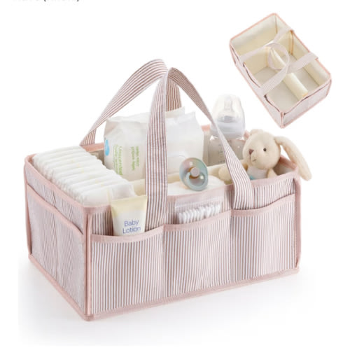 Baby Diaper Caddy, Stripe Diaper Caddy Storage Organizer, Stylish Large Tote Bag for Newborn Essentials Nursery Storage Boy or Girl, Gift for Baby Shower and Registry Must-Have (Khaki)