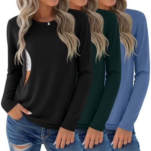 3 Pack Nursing Tops for Breastfeeding Maternity Shirts Zipper Long Sleeve Round Neck Knit Casual Nursing Clothes
