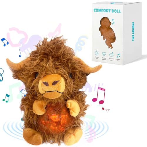 Baloco Highland Cow Stuffed Animals Anxiety Relief Highland Cow Plush Toy with Rhythmic Breathing Motion & Music Lights Portable Soothing Highland Cow Plush Toy (Highland Cow)