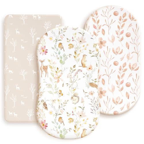 GRSSDER Stretchy Ultra Soft Fitted Bassinet Sheets 3 Pack, Universal Fit for Baby Cradle Moses Basket Oval Rectangle Mattress Safe and Snug, Beautiful Blush Pink Floral Bassinet Sheet for Girls