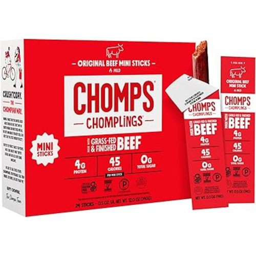 Chomps Snack Size Grass-Fed Original Beef Jerky Snack Sticks 0.5oz 24-Pack - Keto, Paleo, Whole30, 4g Lean Meat Protein, Gluten-Free, Zero Sugar Food, Non-GMO Chomplings