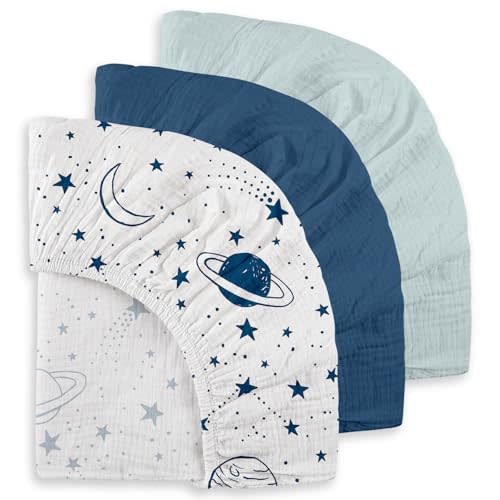 Gllquen Baby Muslin Mini Crib Sheets 3 Pack, Breathable Pack and Play Sheets Fitted Soft Cozy Cotton Pack N Play Sheets for Baby Boy Girls, Universal Fitted Mini Crib Mattresses 38"x26" (Blue)