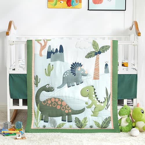 Wowelife Dinosaur Crib Bedding Set for Boys, Premium 3-Piece Baby Crib Bedding Set, Nursery Crib Set, Newborn, Infant & Toddler Nursery Bed Set, Green Dinosaur