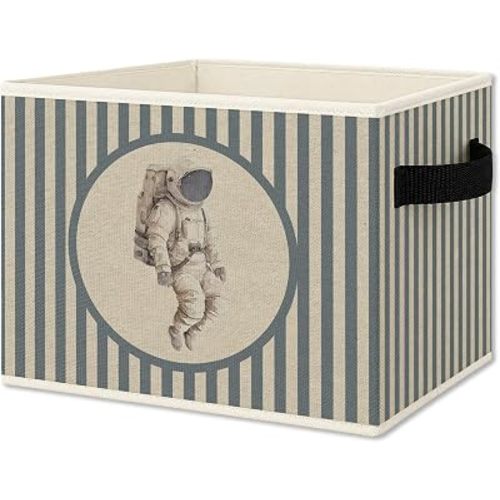 Space Nursery Foldable Storage Bins Box with Handles, Blue Striped Space Astronaut Toddler Boy Collapsible Organizer Basket for Boys Kids Bedroom Bathroom Playroom Clothes Books