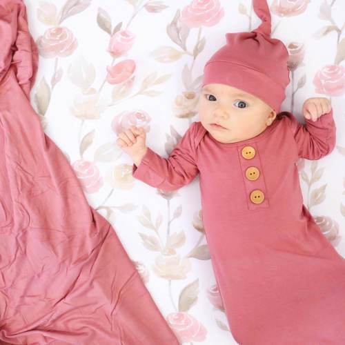 Solid Dusty Rose Bamboo Baby Knot Gown & Hat