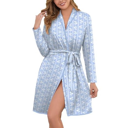 Robes for Women Print Long Sleeve Kimono Bath Robe Lightweight House Coat Bathrobe Loungewear with Pockets