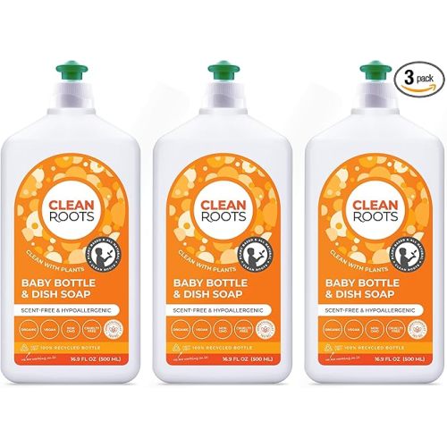Baby Bottle & Dish Soap – EcoGarantie Certified, 100% Plant-Based Formula, Made with Organic Ingredients, Scent-Free & Hypoallergenic – 16.9 fl oz (500 mL), Pack of 3