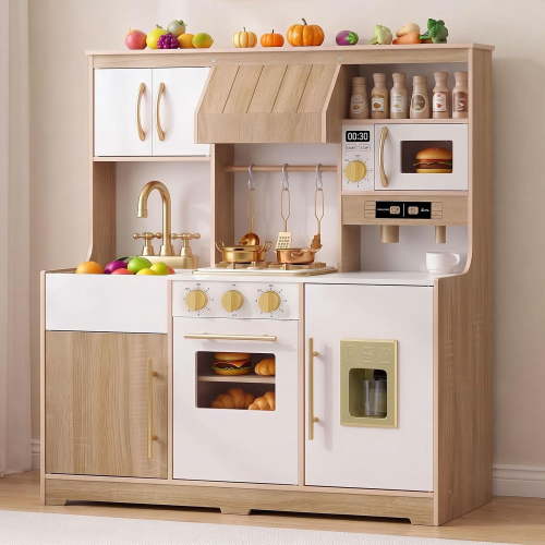 OLAKIDS Play Kitchen Set for Kids, Wooden Toy Playset with Realistic Lights Sounds Ice Machine Coffee Maker 12 Accessories for Toddlers Boys Girls Ages 3+