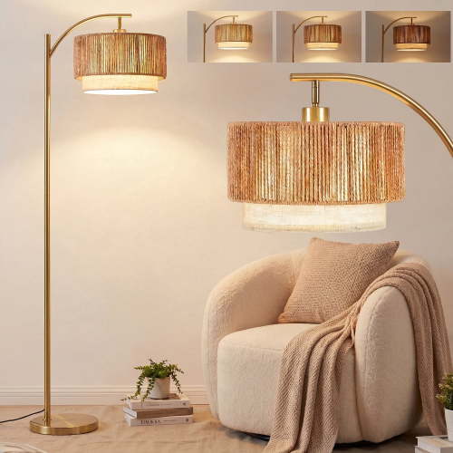 VOLIVO Floor Lamp for Living Room, 63" Arc Floor Lamp with 3 Color Temperatures,Adjustable Tall Lamps with Linen Lampshade, for Bedroom, Office, Study