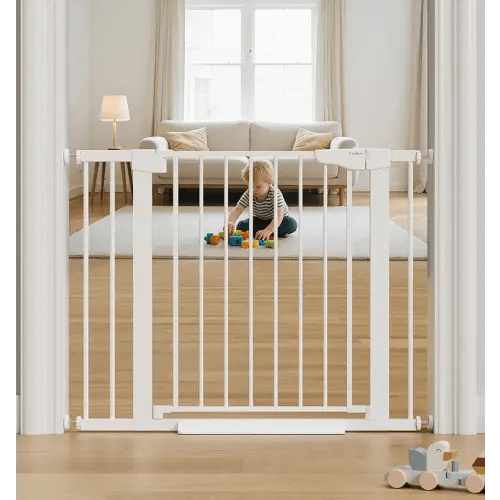 Cumbor 29.7-40.6" Baby Gate for Stairs, Mom's Choice Awards Winner-Dog Gate for Doorways, Pressure Mounted Auto-Close Pet Gates for Dogs Indoor, Safety Child Gate with Easy Walk Thru Door, White