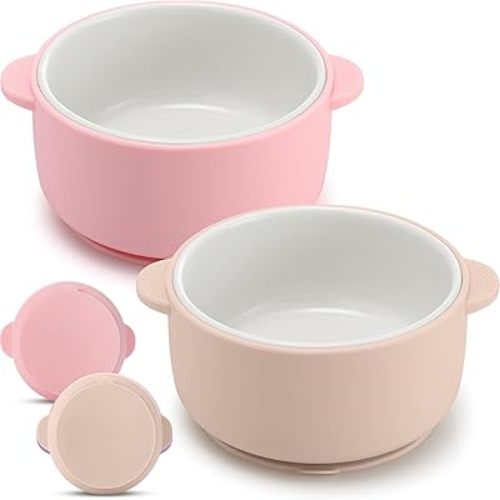 Domensi 2 Sets Kids Porcelain Bowls with Suction Sleeves Toddler Suction Bowl Upgrade Durable Microwave Dishwasher Safe Cereal Soup Snack Dishes for Baby Children Feeding Supplies (Pink Beige)