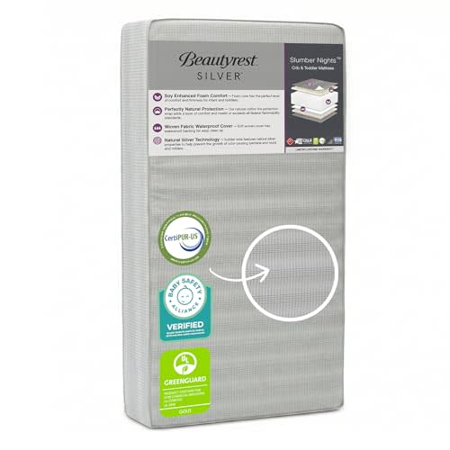 Beautyrest Silver Slumber Nights Dual Sided 2-Stage Crib Mattress and Toddler Mattress - GREENGUARD Gold – Waterproof - Plant Based Soy Foam Core, Grey