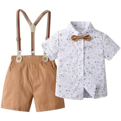 Baby Boys Gentleman Outfits Suits, Infant Shirt+Shorts+Bow Tie+Suspenders