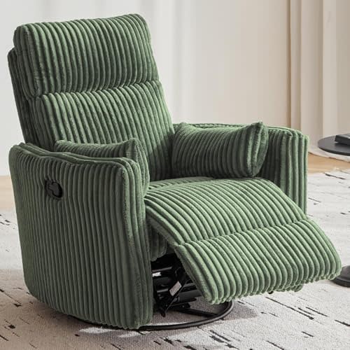 LINSY 360° Swivel Recliner Chair, Nursery Glider Rocking Chair with 2 Pillows, Adult Corduroy Rocker Recliner with Comfy High Back for Small Spaces, Nursery, Bedroom, Living Room (Green)