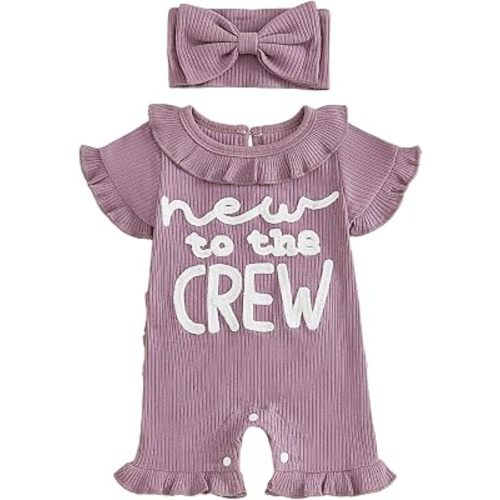 allshope Newborn Baby Girl Summer Outfit Romper Letter Embroidery Ruffle Trim Doll CollarJumpsuit Bodysuit Infant Clothes