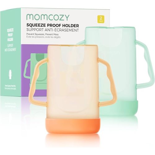 Momcozy Baby Pouch Holder No Squeeze for Food Pouches and Drink Boxes, Allows Baby to Self-feed and Avoid Messes, Baby Food Pouch Holder Handle is Easy to Grip, Comfortable, Green&Orange