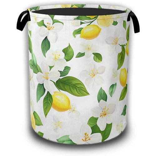 Lemon Fruits Laundry Hamper,Flowers Leaves Laundry Baskets,Waterproof Oxford Cloth Toy Storage for Bedroom,Bathroom,Nursery,16x20.8 Inch