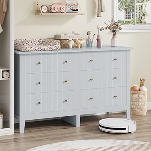 FOTOSOK White Dresser, Chest of Drawers, Modern 6 Drawer Double Dressers with Deep Drawers, Nursery Dresser for Baby, Wide Storage Organizer Cabinet for Living Room, Hallway,Gray