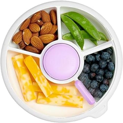GoBe Kids Small Snack Spinner Slide Bundle with Hand Strap and Sticker Sheet - Reusable Snack Container with 5 Compartment Dispenser and Lid | BPA/PVC Free | Dishwasher Safe | No Spill - Taro Purple