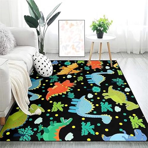 Cartoon Dinosaurs Area Rugs for Kids Black Lovely Animal Patterns Carpet Dinosaur Carpet for Boys Bedroom Kitchen Playing Room Dinosaur Room Decor, 5'×7'